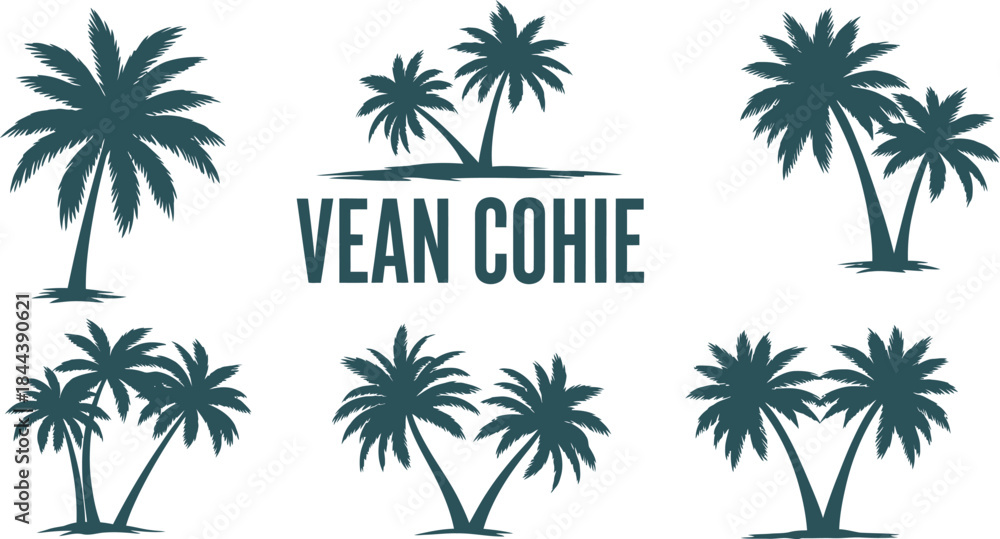 Fototapeta premium Tropical palm tree silhouettes and coconut leaf illustrations create a summer beach landscape with a sunset sky and sea on a white background for travel design