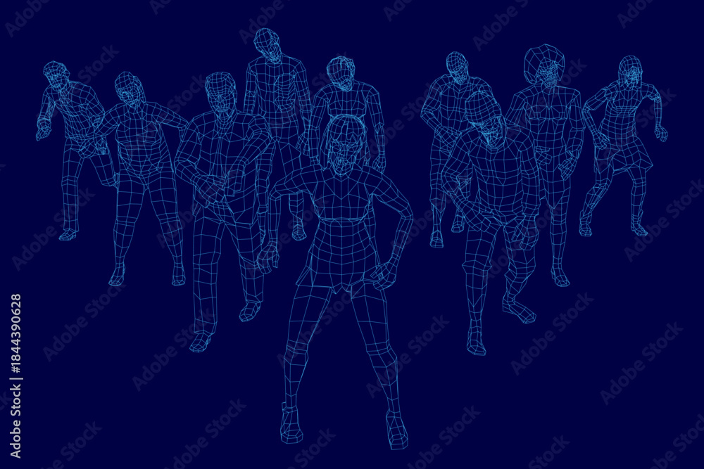 Naklejka premium A zombie wireframe set features a 3D model of a human body created by people standing in line on a blue background.