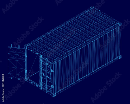 Shipping container wireframe blueprint on blue background reveals detailed structural design and technical specifications.