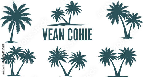 Tropical palm tree silhouettes and coconut leaf illustrations create a summer beach landscape with a sunset sky and sea on a white background for travel design