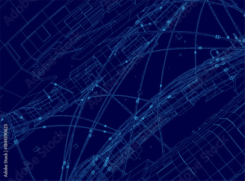 Fototapeta Naklejka Na Ścianę i Meble -  A wireframe space station blueprint features a blue background with precise lines and connecting dots. This abstract technical illustration suggests futuristic engineering and orbital design concepts.