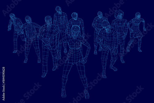 A zombie wireframe set features a 3D model of a human body created by people standing in line on a blue background.