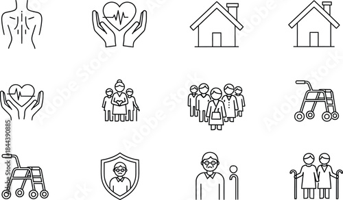 Set of healthcare, elderly care, and home protection vector outline icons isolated on white background