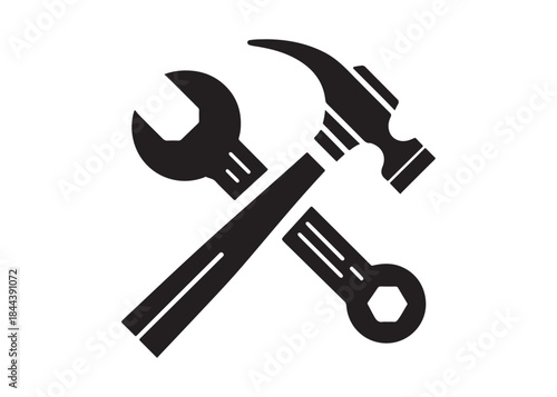 hammer and wrench logo silhouette vector, hand tool logo silhouette illustration, construction equipment logo, repair service wrench crossed over a hammer logo silhouettes vector on white background 