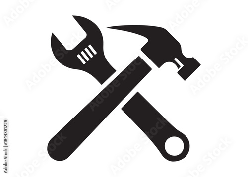 hammer and wrench logo silhouette vector, hand tool logo silhouette illustration, construction equipment logo, repair service wrench crossed over a hammer logo silhouettes vector on white background 