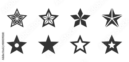 Set of eight black and white star icons, various styles, white