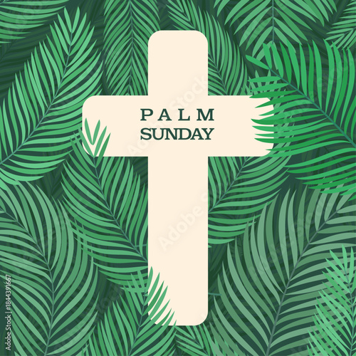 A flat vector illustration of a minimal cross on a background filled with abundant palm leaves for Palm Sunday