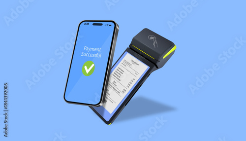 Mobile Payment Confirmation. Digital transaction with credit card and smartphone. POS terminal prints receipt after successful payment.