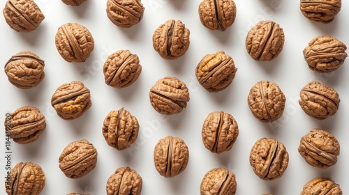Walnut halves arranged harmoniously on white background, showcasing texture and pattern, ideal for culinary or health related themes