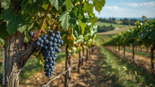 Lush purple grapes hang from vine in vineyard with rows of green leaves and blurred background of fields and blue sky