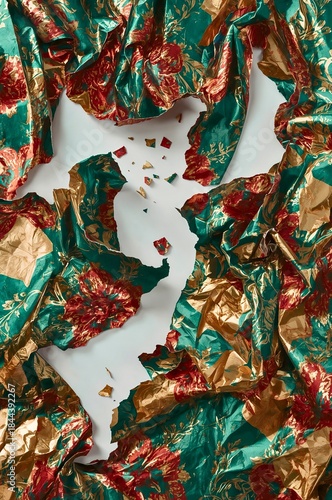Torn Christmas wrapping paper, partially ripped and curling, captured or illustrated in a way that resembles abstract, textural art.
