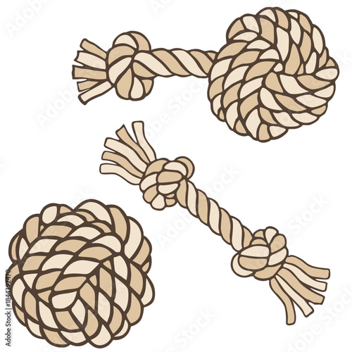 Set of three beige cotton rope toys for dogs. Vector illustration of a rope ball, bone and knot for puppy chewing and playing isolated on white.