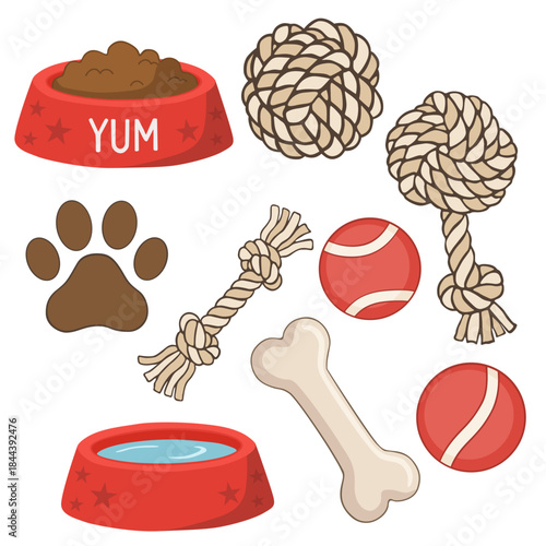 Big Set of Dog Accessories: Bowls, Toys and Bone Vector