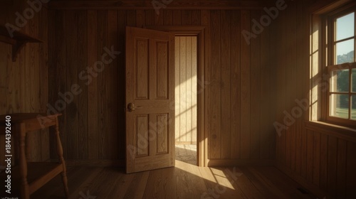 Warmly lit wooden room with open door and sunlight streaming through window