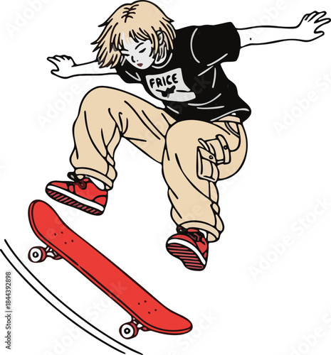 Cool vector illustration of a young girl performing an ollie or jump trick on a red skateboard. Features a retro, aesthetic style with streetwear fashion and neutral colors