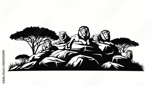 Lions resting on a rocky outcrop.