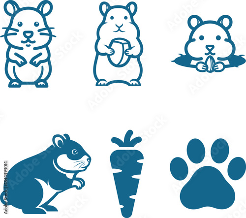 Adorable cartoon hamster animal icons with food and paw print elements illustrating common pet behaviors