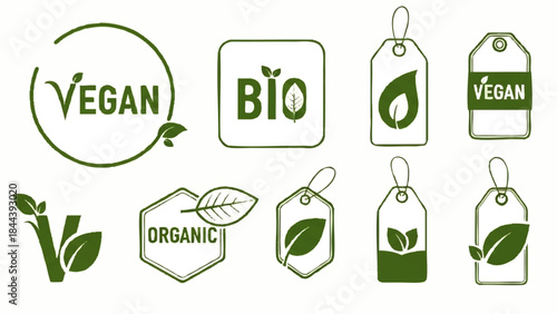 Vegan organic bio leaf icons labels.