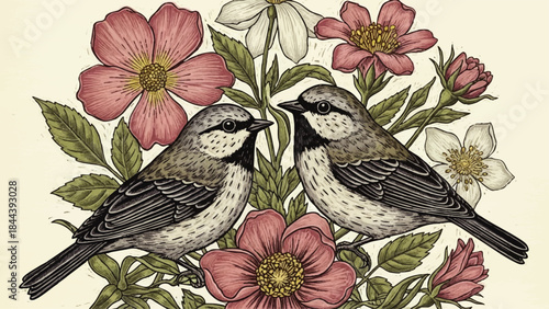 Two small grey and black birds.