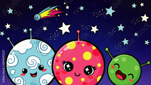 Three cartoon planets with smiling faces.