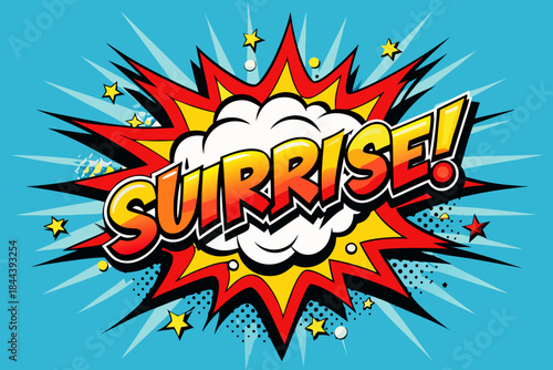 Bright and bold comic book style explosion graphic with the word surprise in vibrant yellow and red letters on a blue background with stars and dots