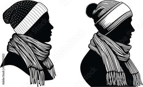 Stylish winter wear silhouettes featuring knit beanies and cozy striped scarves