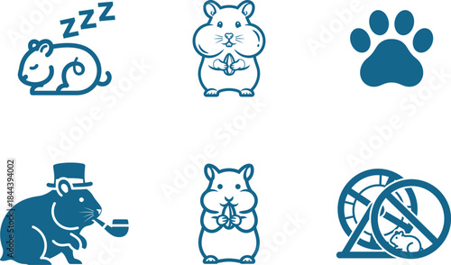 Adorable hamster vector icon collection featuring various pet activities including sleeping eating a paw print and a funny gentleman hamster with a pipe