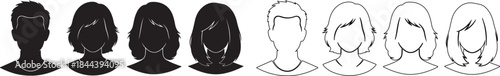Vector Set of Male and Female User Avatar Profile Icons with Silhouettes and Outlines isolated PNG with Transparent Background