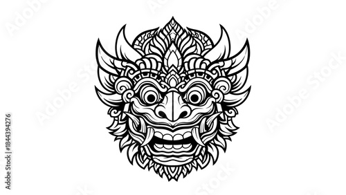 Intricate Balinese Mask Illustration with Ornate Details.