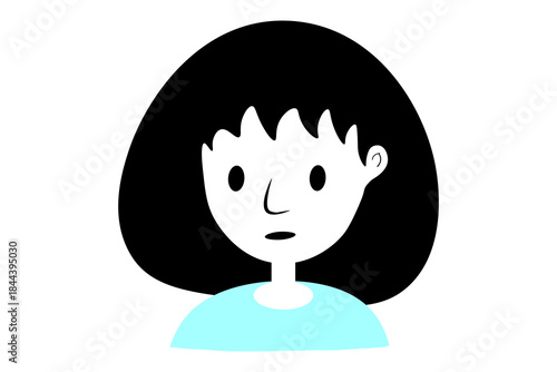 Vector illustration. Woman with short black hair wearing blue clothes. Flat design. Isolated on  white background.