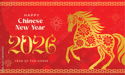 Happy Chinese New Year 2026. Gold horse zodiac and lanterns, cloud on red background. Card design invitation or greeting. Lunar calendar animal. Translation Happy new year, Year of the horse.