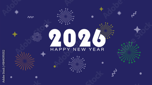 Happy New Year 2026 celebration poster with party sparkles and fireworks art on blue background. 2026 new year logo type design for greeting cards and celebration banners. EPS vector illustration.
