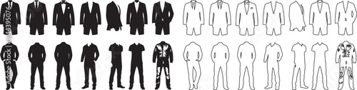 Vector Set of Men's Formal and Casual Clothing Silhouettes and Line Art Icons isolated PNG with Transparent Background