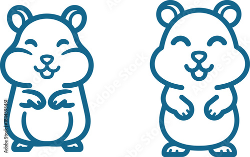 Two cute happy smiling cartoon hamsters or pet rodents depicted in a simple blue outline illustration style for graphic design purposes