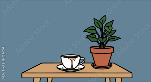 Minimalist illustration featuring a spilled coffee cup and a potted houseplant on a wooden table