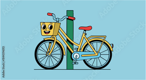 Cheerful yellow cartoon bicycle with a happy face basket locked to a pole against blue