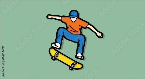 Skateboarder performing an aerial trick midair against a simple muted green background illustration