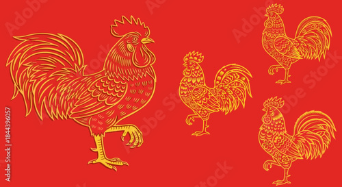 Detailed golden line art roosters displayed against a vibrant red background symbolizing the chinese zodiac year