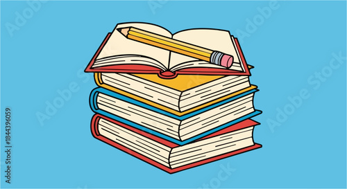 Stack of colorful textbooks with an open book and yellow pencil resting on top against blue