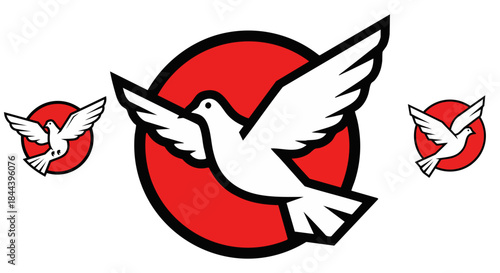 Stylized white dove icons with red circles set against a stark black background representing peace and freedom