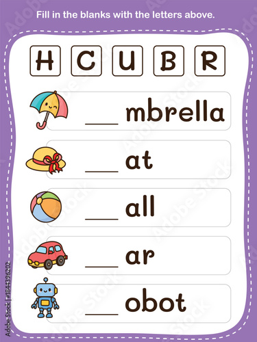 Fill in the Blanks Alphabet Exercise. Fun and Educational Worksheet for Preschool and Kindergarten Activities.