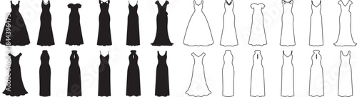 Set of various women's formal dress and gown vector silhouettes, black and outline styles isolated PNG with Transparent Background