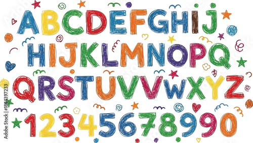 A colorful vector set featuring alphabet letters and numbers in a fun typography design for kids to learn at school