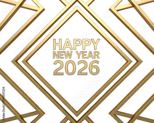 Thin gold geometric shapes (lines, triangles, angled accents) framing “Happy New Year 2026” at center, crisp white background, subtle shimmering edges on shapes, editorial luxury design style