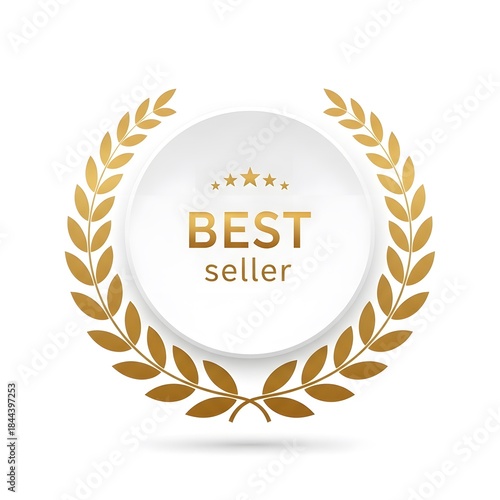 Best Seller Gold Laurel Wreath Award Badge on White Background