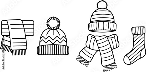 Set of various cozy winter apparel items for warmth, including hats, scarves, and a sock