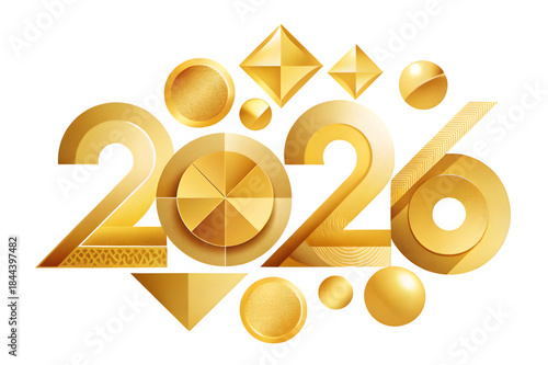 Arrangement of modern gold geometric shapes (circles, triangles, fine lines) creating a subtle border around centered “Happy New Year 2026”, white background, polished gold reflections