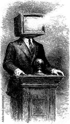 Man with a tv head stands at a podium in vintage engraving style. Black and white surreal media vector illustration with formal attire and display screen.