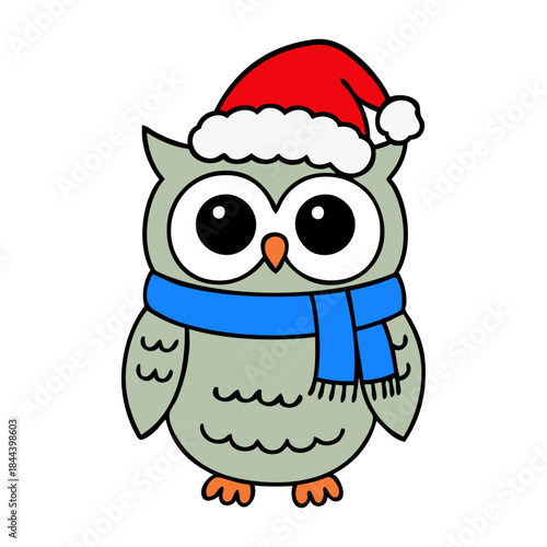 Dibujo sencillo con líneas de búho o lechuza simpático con sombrero de Santa Claus para tarjetas y felicitaciones de Navidad