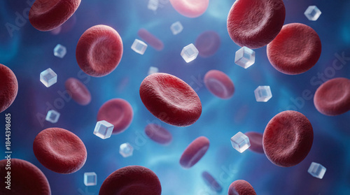 Red blood cells and sugar cubes in bloodstream, diabetes high blood glucose medical health science 3D illustration.